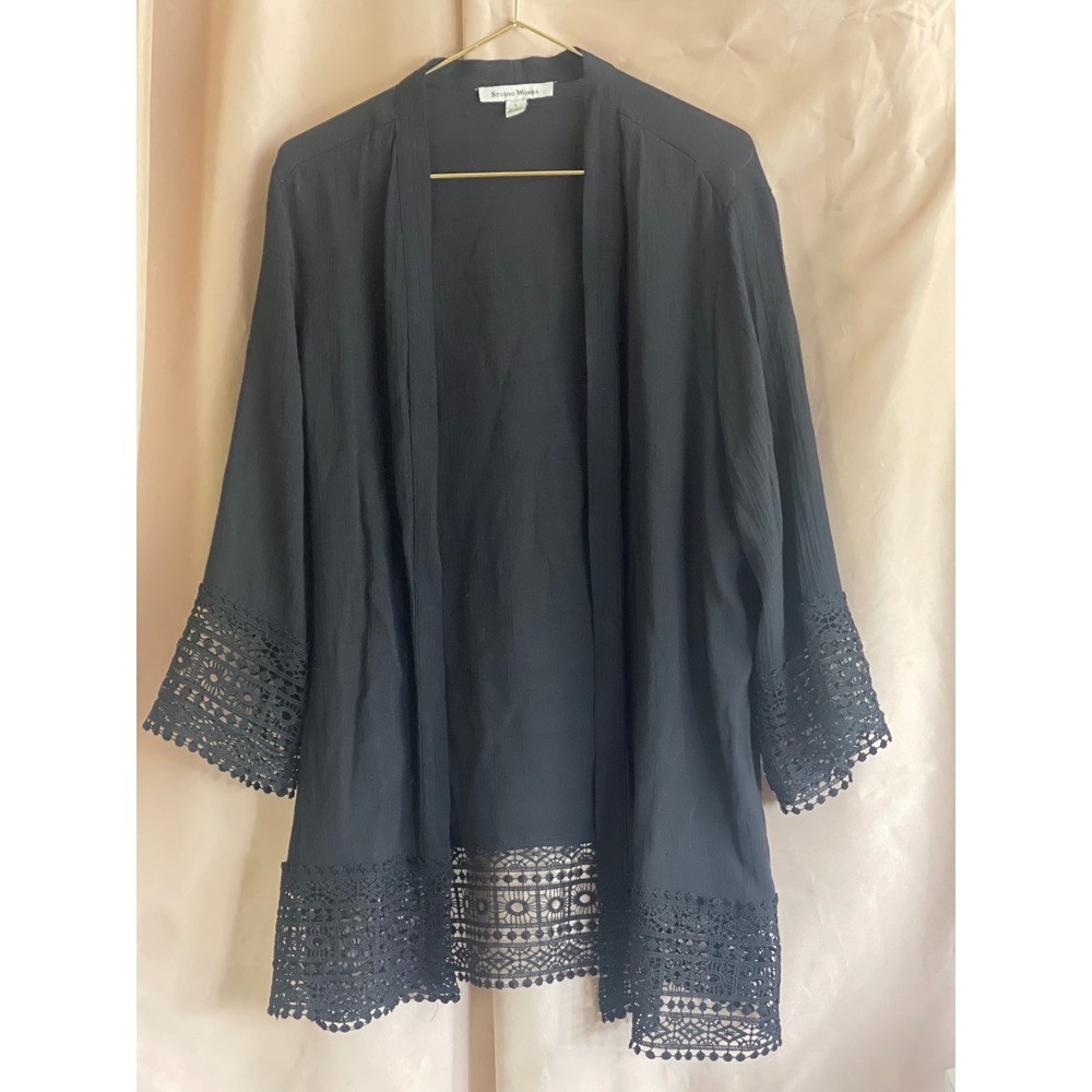 Studio Works Womens Black Crochet Lace Trim Kimono Cardigan Open Front Large